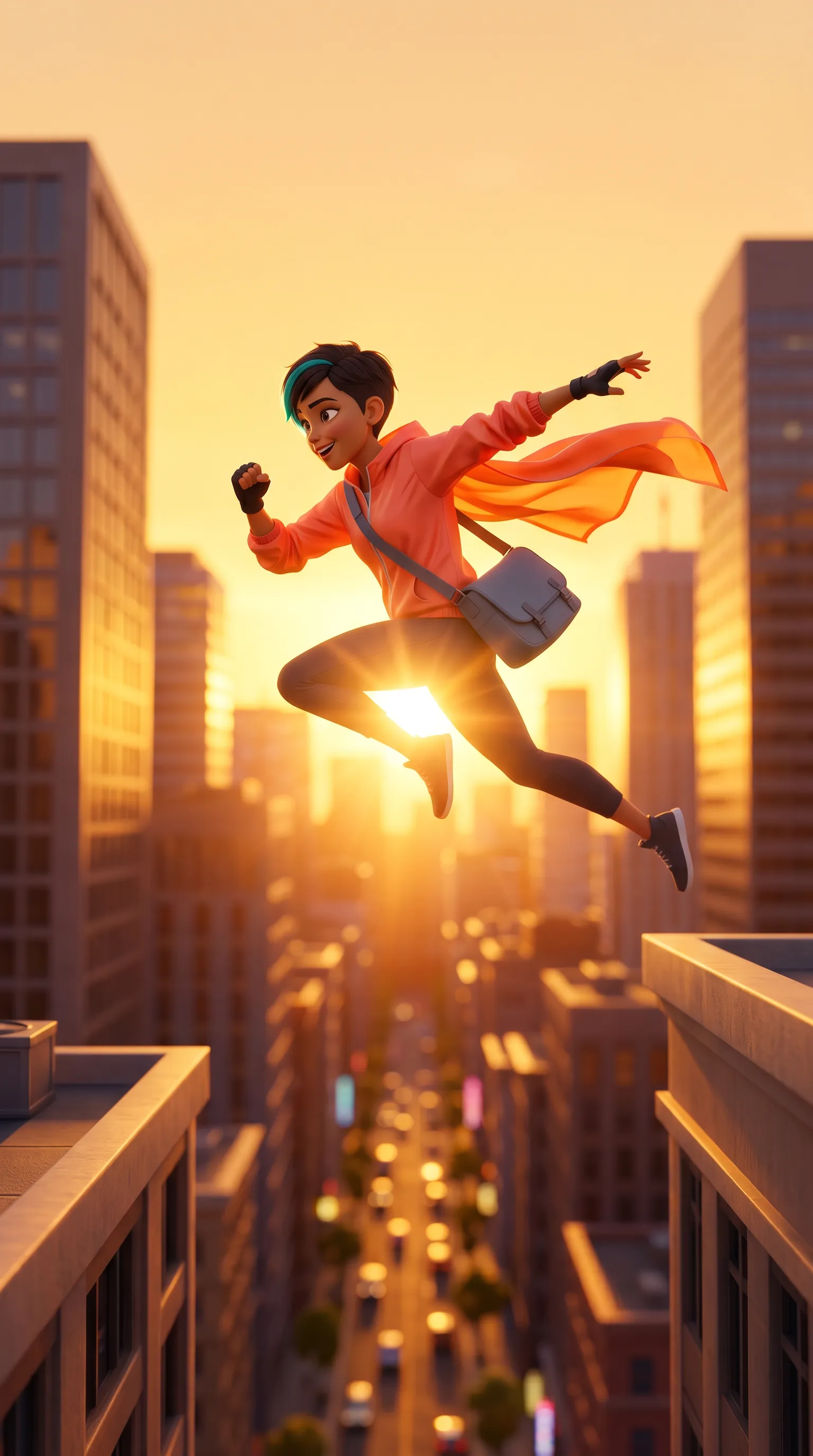 The courier leaping across a gap between rooftops against a sun-flared sky