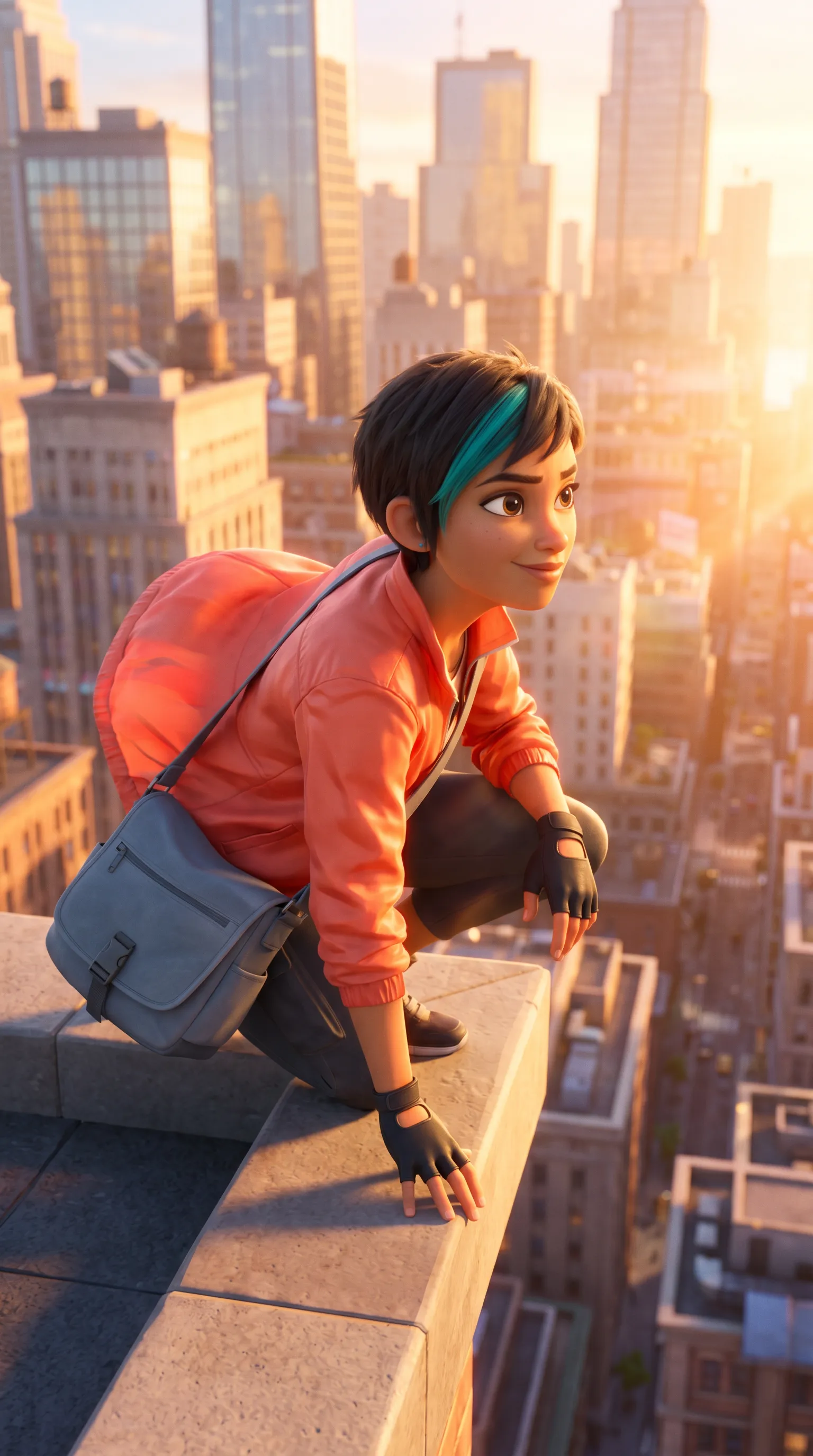 A courier crouched on a sunlit rooftop ledge above a glowing city at golden hour
