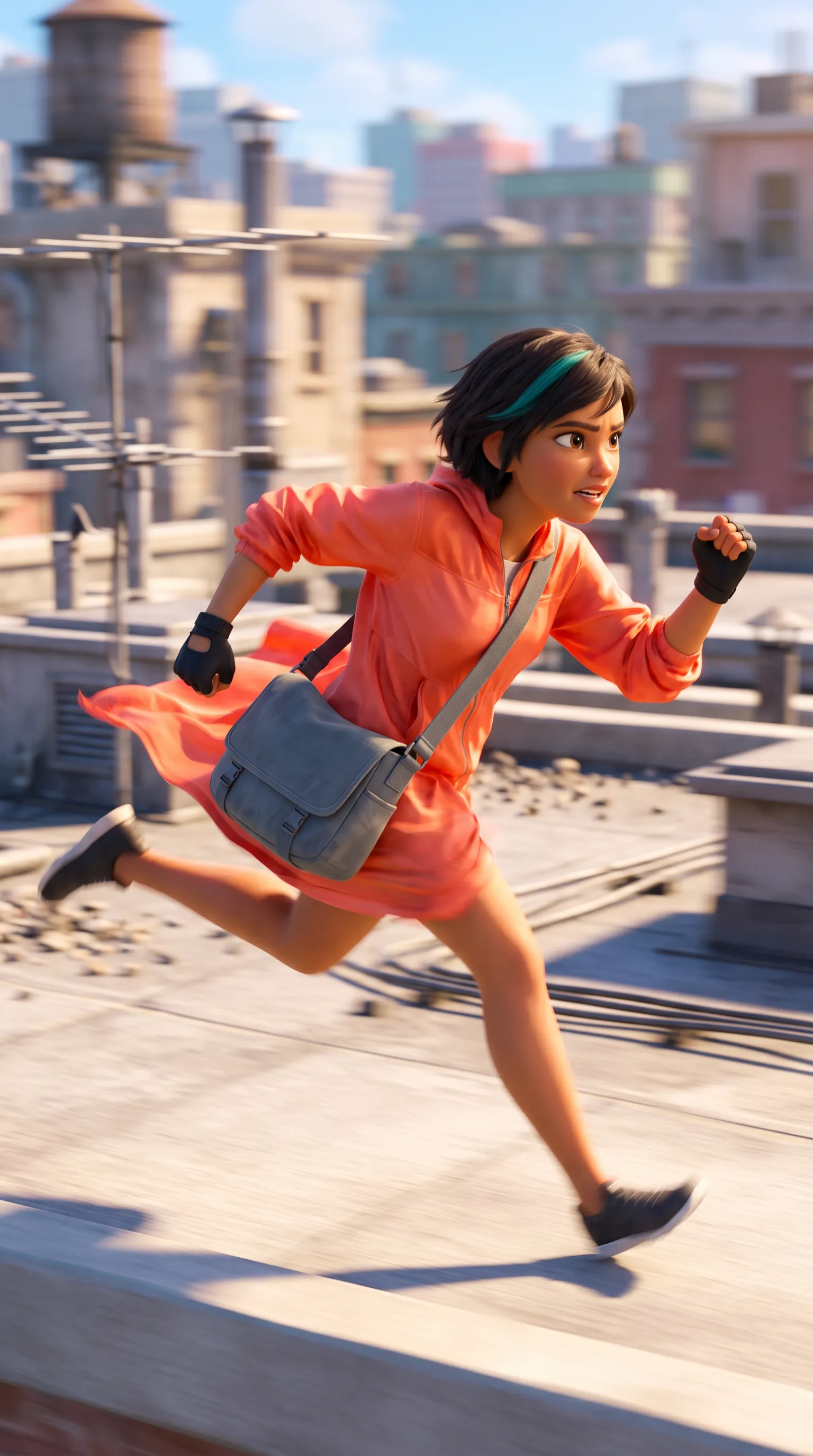 The courier sprinting across a rooftop with motion blur