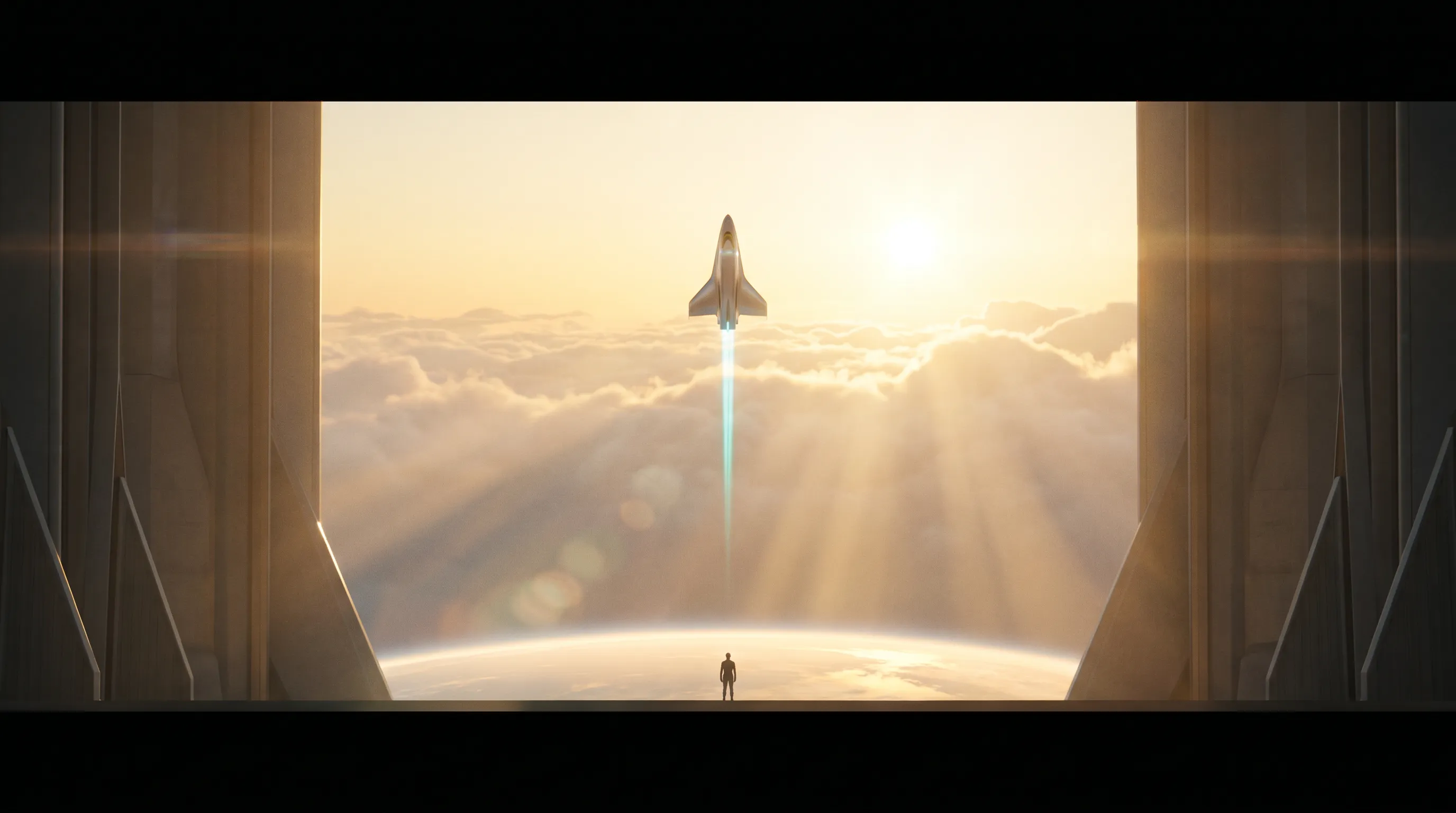 A sleek spacecraft breaking through clouds into brilliant first light