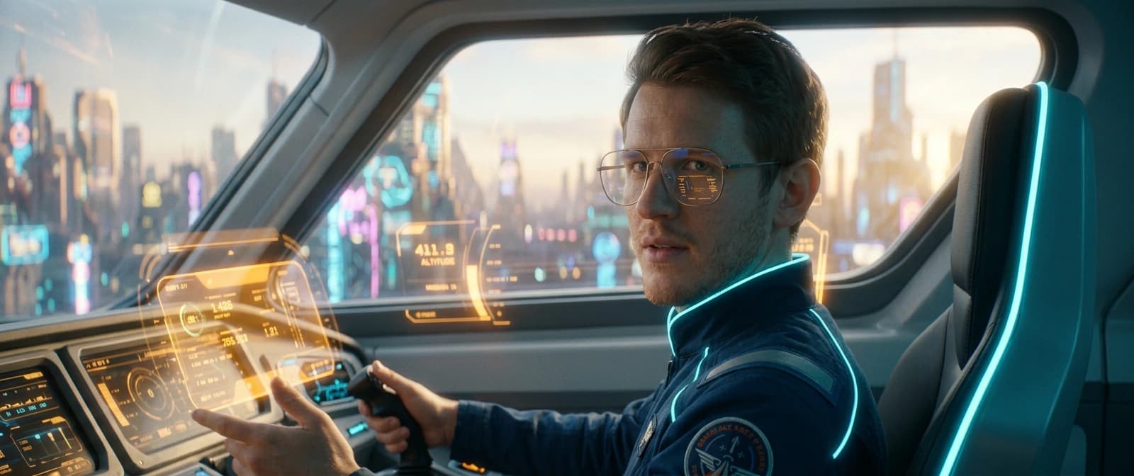 The pilot turning to a companion in the cockpit, mid-conversation