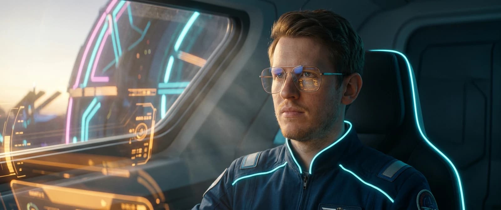 The pilot's face in a cockpit lit by an amber holographic HUD