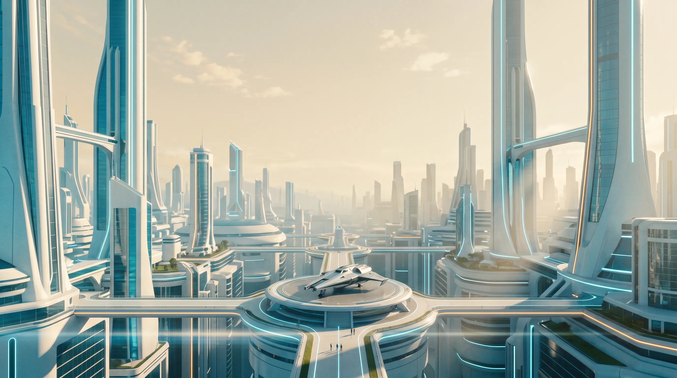 A luminous futuristic city by day, towers laced with cyan and amber light