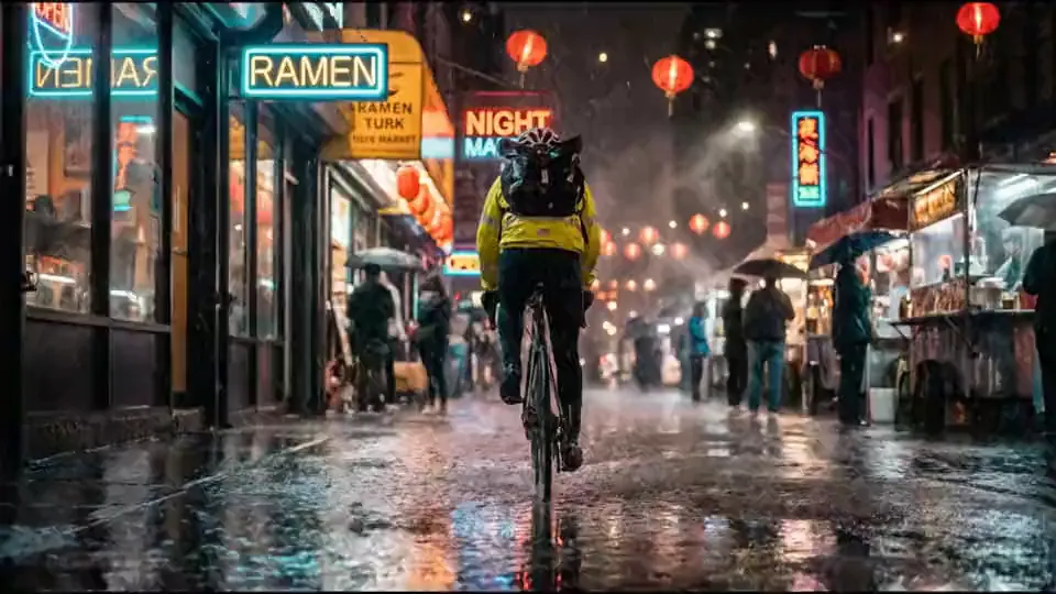 A cyclist leans into a turn on a rain-slicked night market street