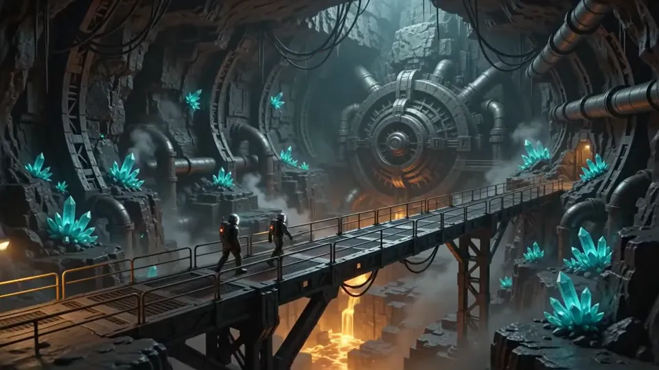 Two small figures cross a gantry in a vast underground reactor