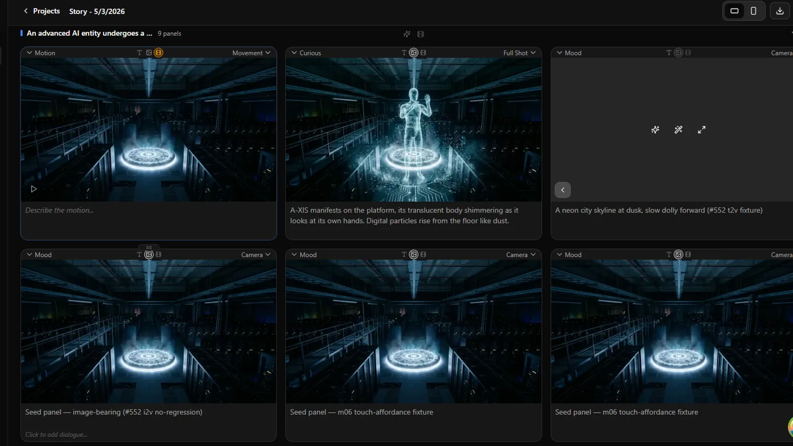The Storyboard surface in the Master Timeline workspace